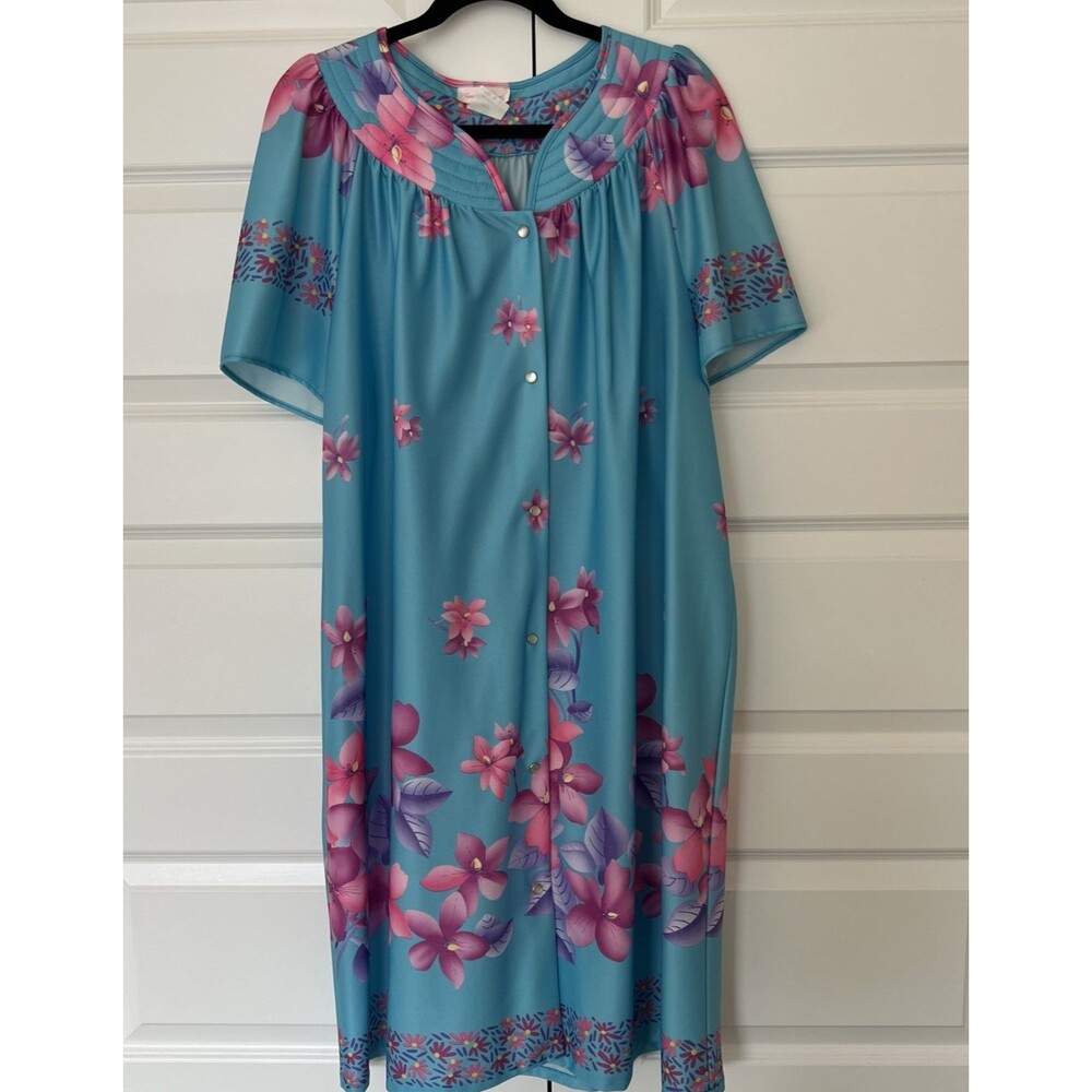 Vintage Floral Muumuu Lounger Mrs. Roper House Dress Tropical Print Kaftan Large